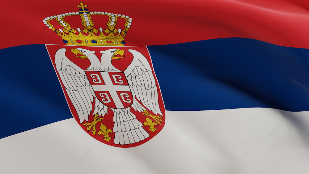 Flag of Serbia waving in the wind, fabric micro texture in quality 3D render